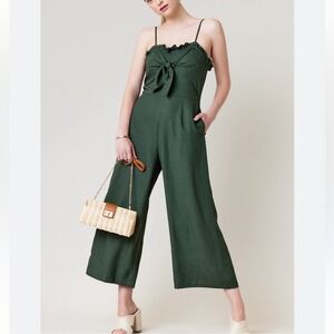 NWT Francescas Olive Green Tie Front Ruffle Trim Linen Blend Jumpsuit Size‎ S